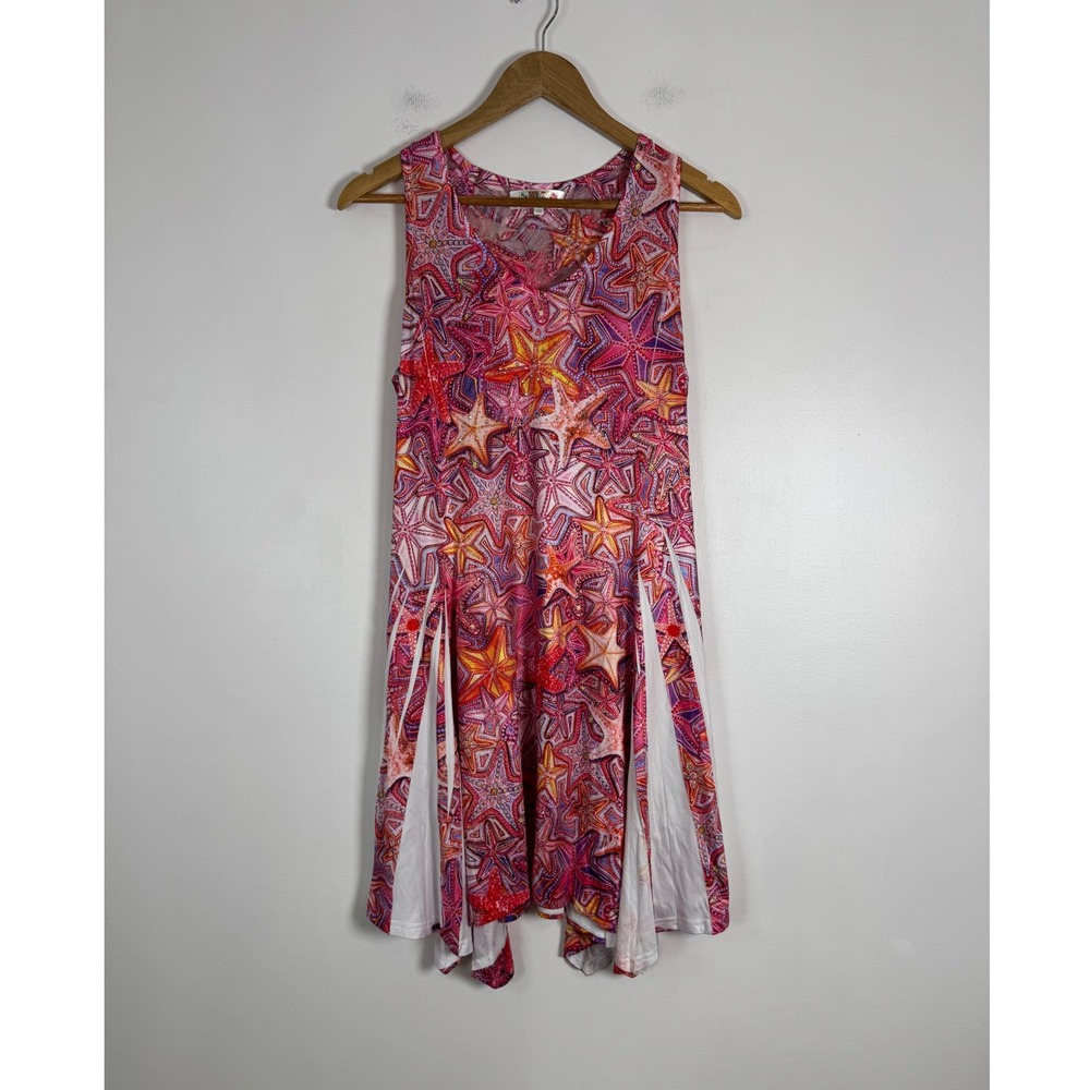 Boho India Boutique Womens OS Handkerchief Dress Pink Starfish Mesh Lace Up Back